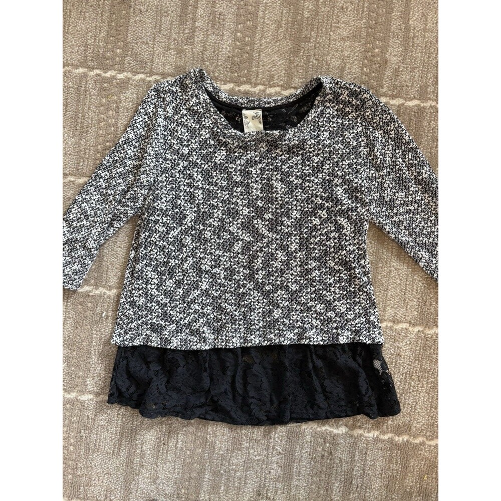 Blu Pepper Sweater Tunic M Black White Lace Hem Long Sleeve Layered Look